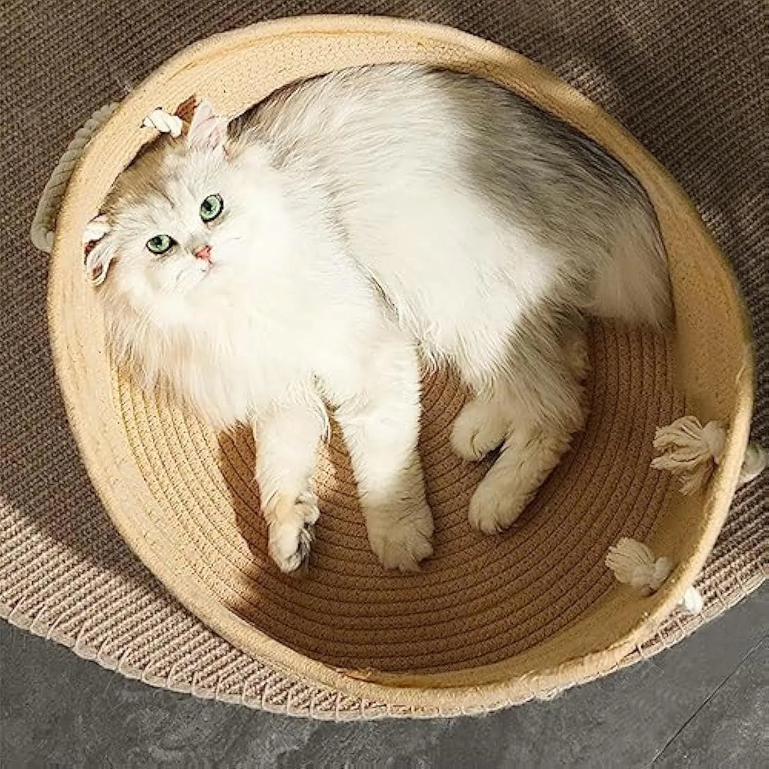 Wicker cat bed basket with integrated corrugated scratching board in two size options for indoor cats