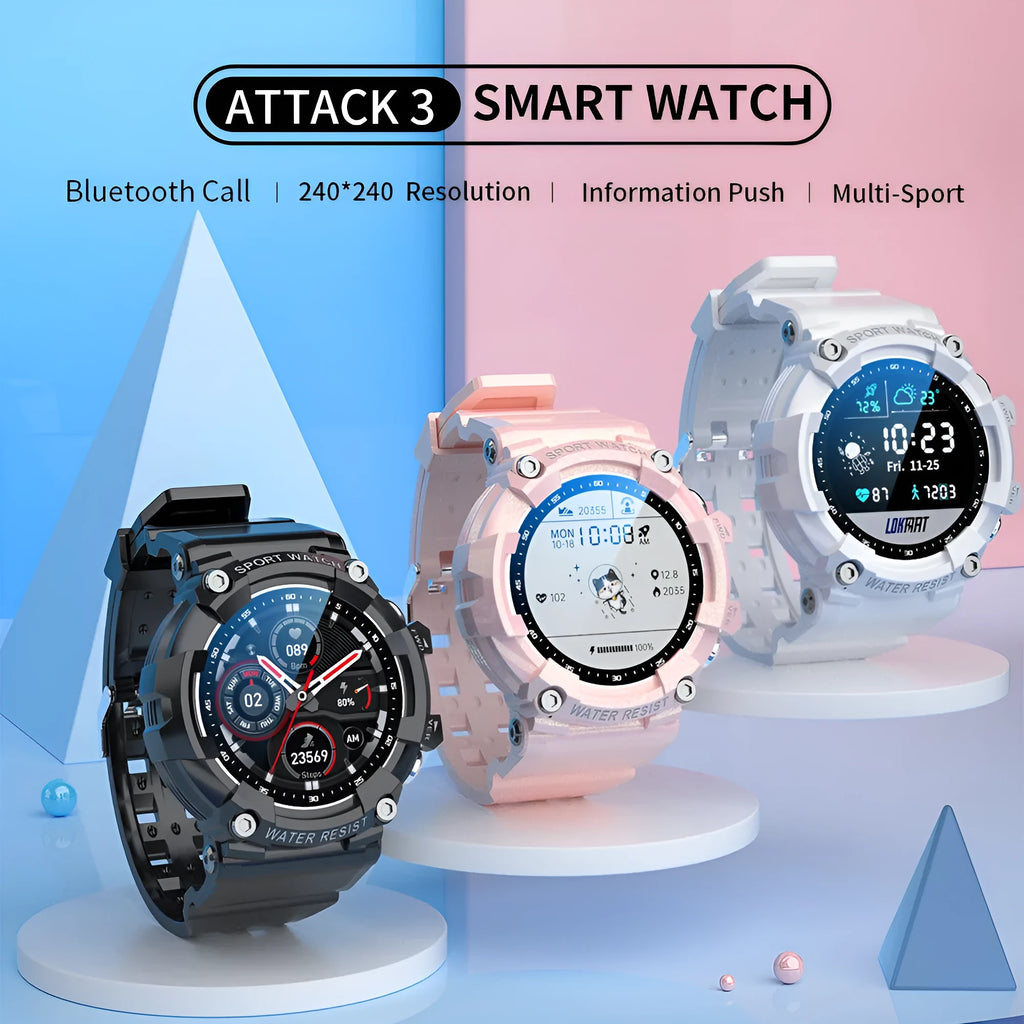 ATTACK 3 IP67 waterproof smart Bluetooth sports watch in black, pink, or white with round dial and health monitoring features