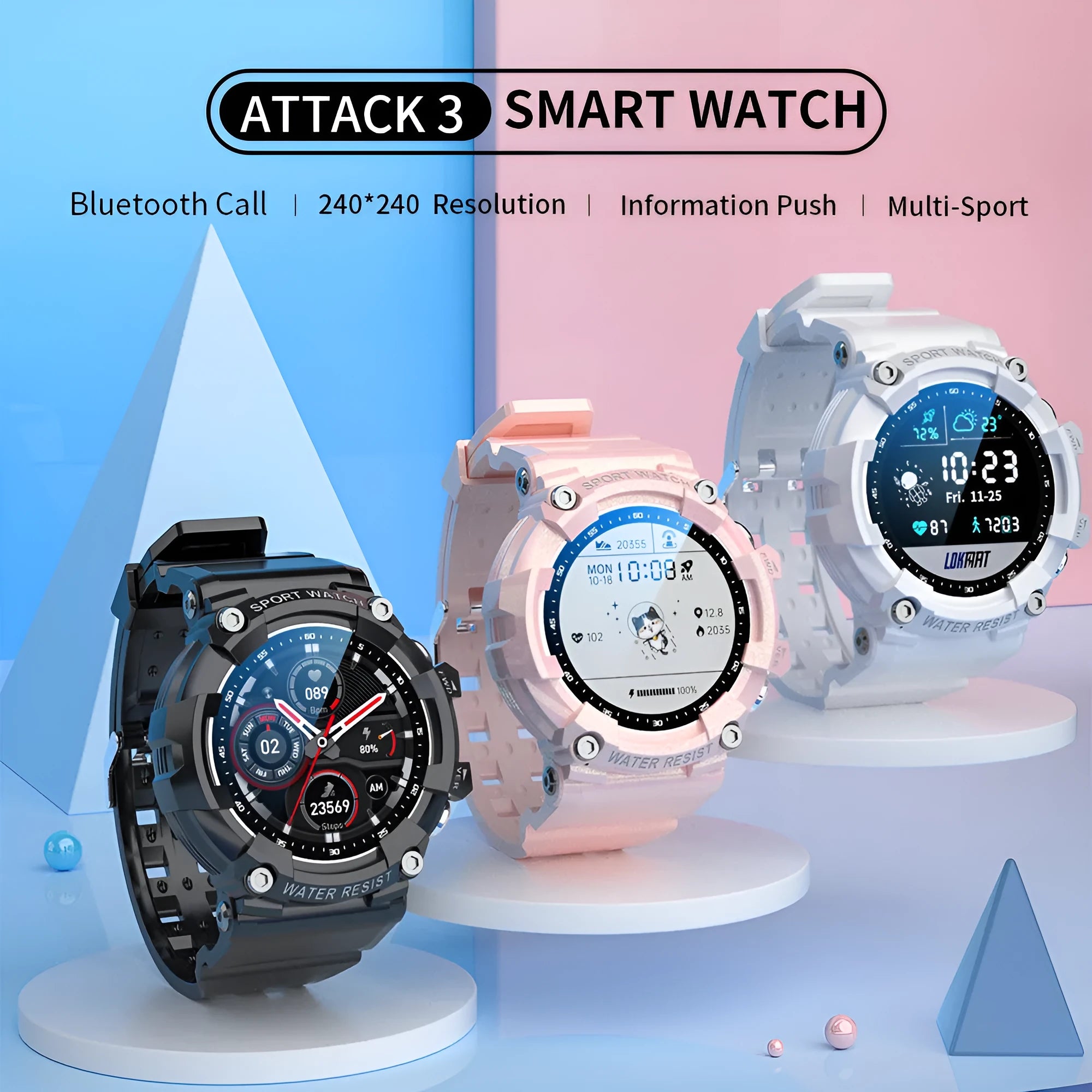 ATTACK 3 IP67 waterproof smart Bluetooth sports watch in black, pink, or white with round dial and health monitoring features