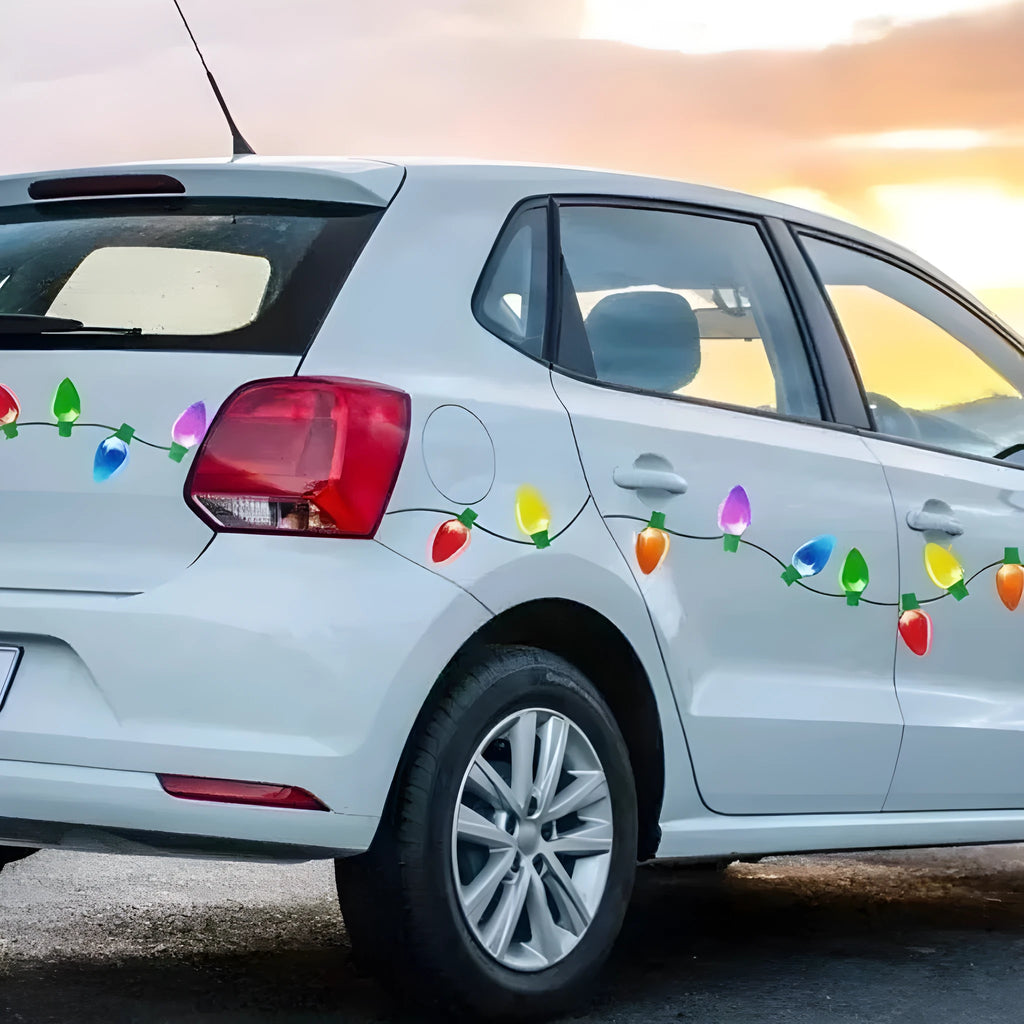 Magnetic Christmas light bulb reflective decal set with 24 bulbs and 12 wires for metal surfaces