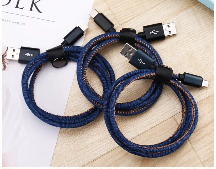 Denim fabric Type-C charging cable with aluminium alloy connectors in black, blue or red colour