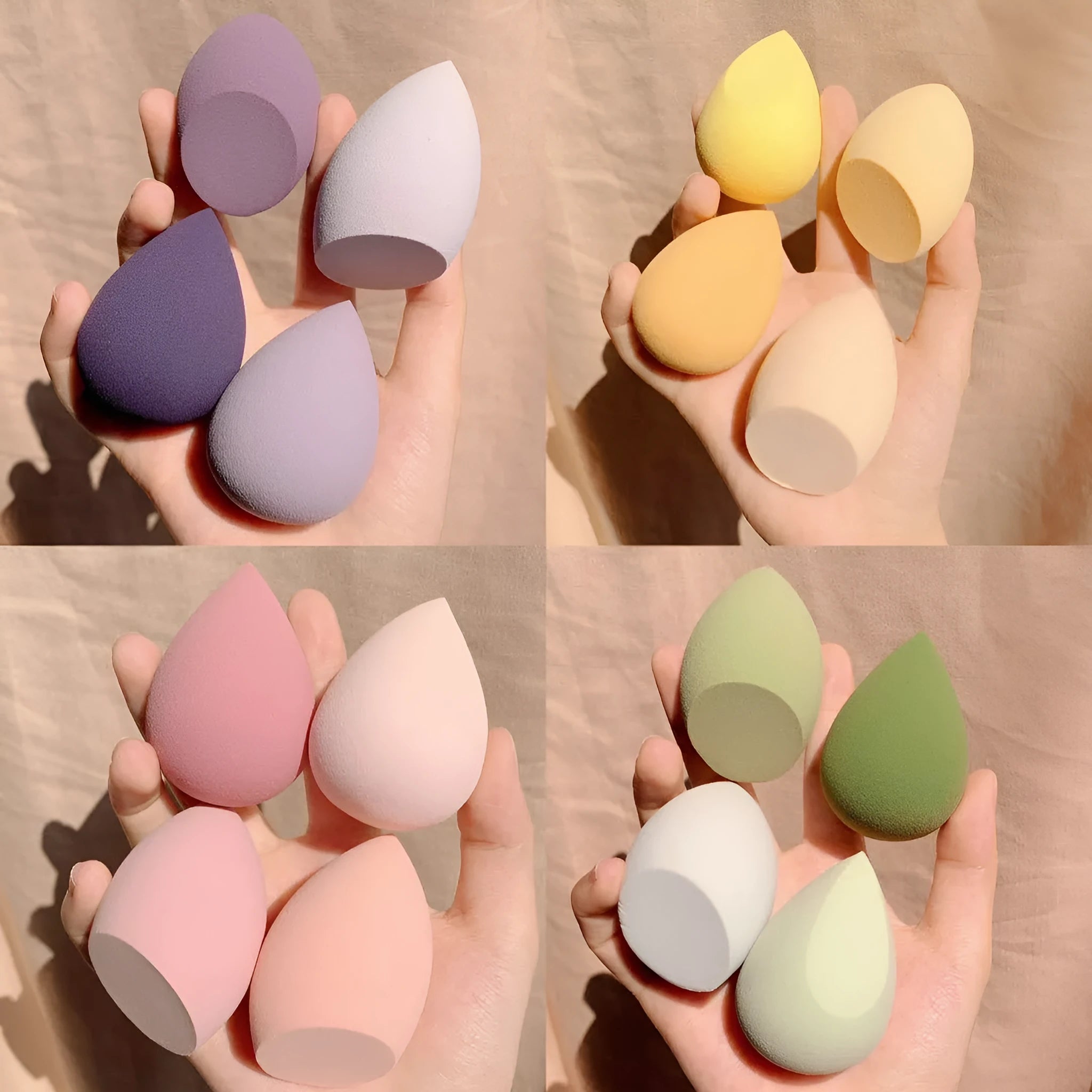 Four cosmetic sponge eggs in grape, mango, mint, and peach colours, each 6cm in size