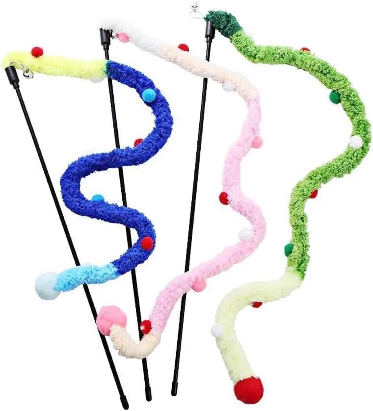 Colourful plush strip cat wand toy with jingle bells on a 41cm long pole