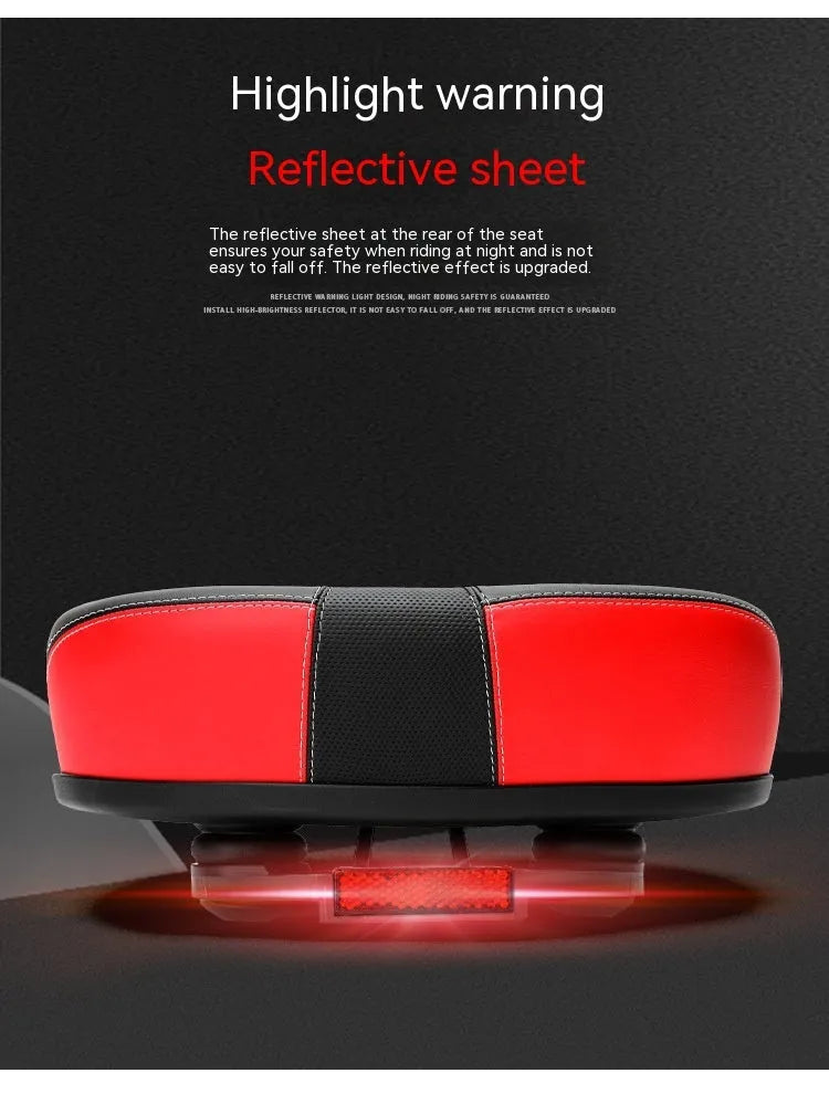 Large red thickened bicycle saddle with shock absorber and reflective sticker, dimensions 210x270mm.
