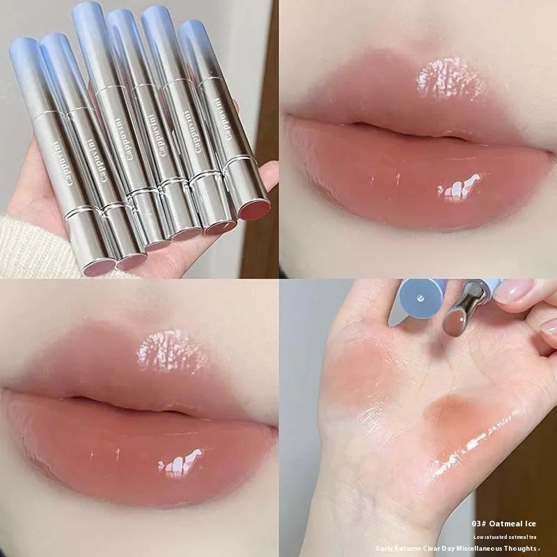 Mirror Water Light Fashion Personality Lip Gloss Lipstick case in one of six Ice shades: Almond, Silver, Pear, Raspberry, Peach Gum, or Pomegranate.