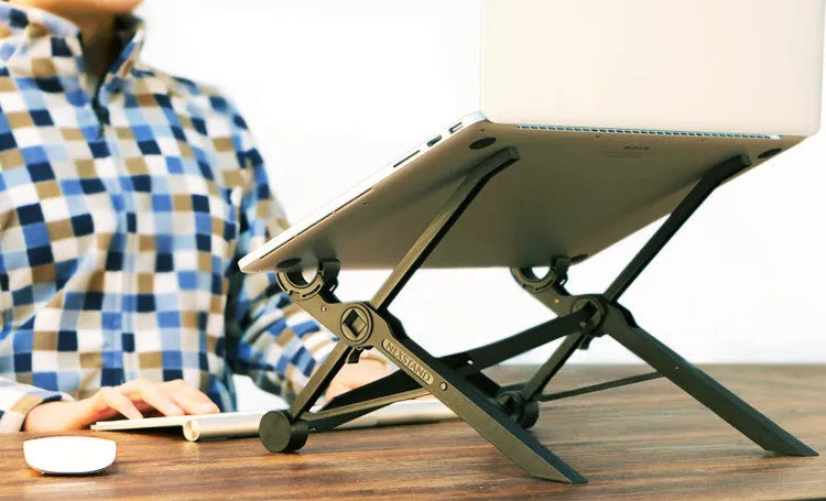 Black folding portable laptop stand showing reinforced nylon construction and compact 35.4cm design