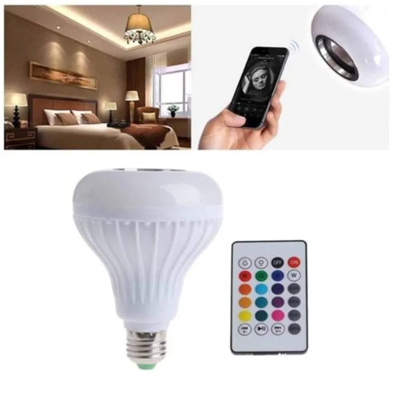 White Bluetooth speaker LED light bulb with E27 base and remote control for colour-changing mood lighting.