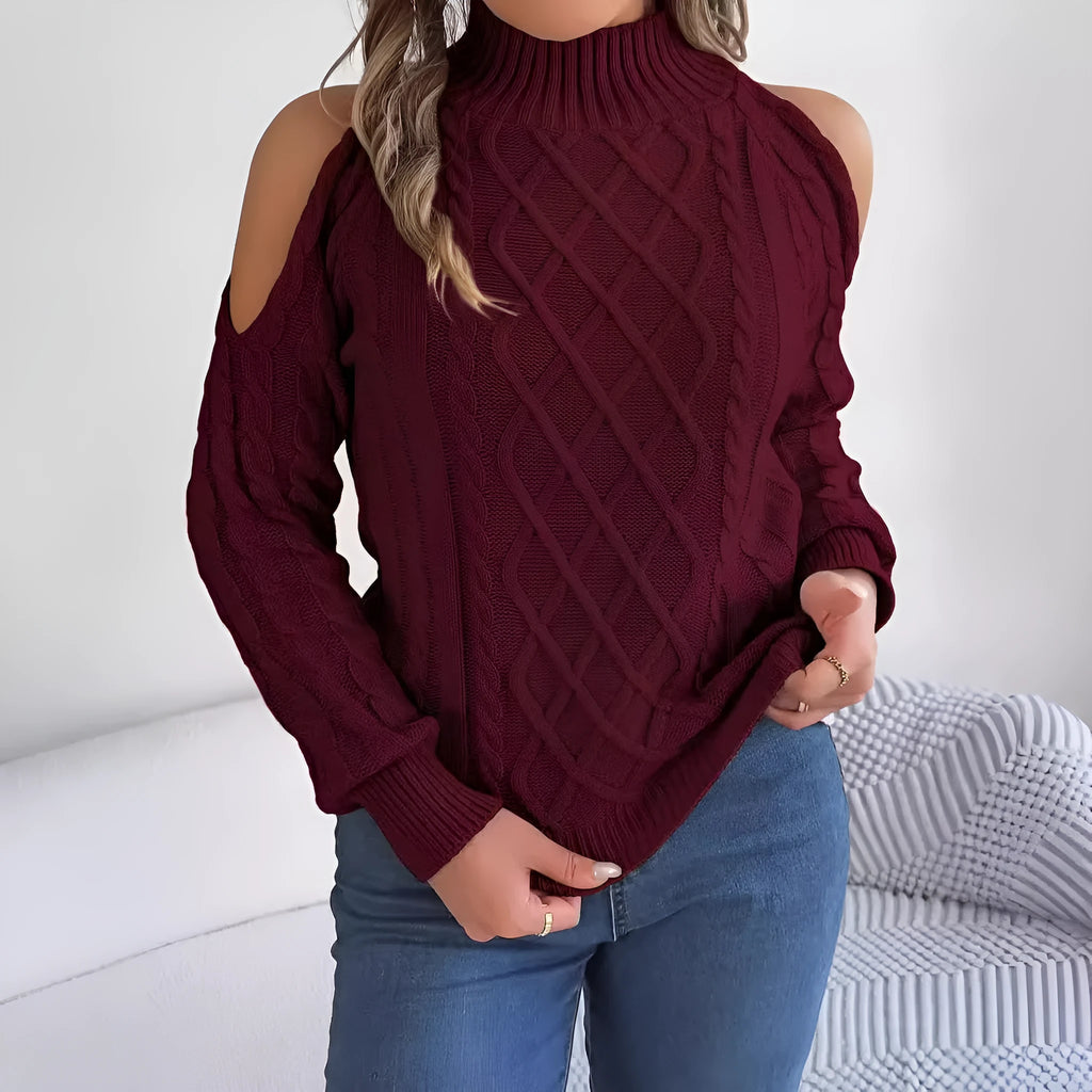 Women's gray acrylic sweater with twisted pattern, strapless half-high collar, and long lantern sleeves.
