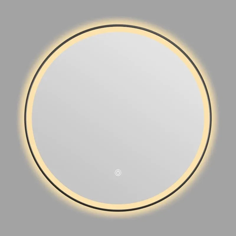 Round black aluminium frame LED bathroom mirror mounted on wall with touch control for dimmable lighting.