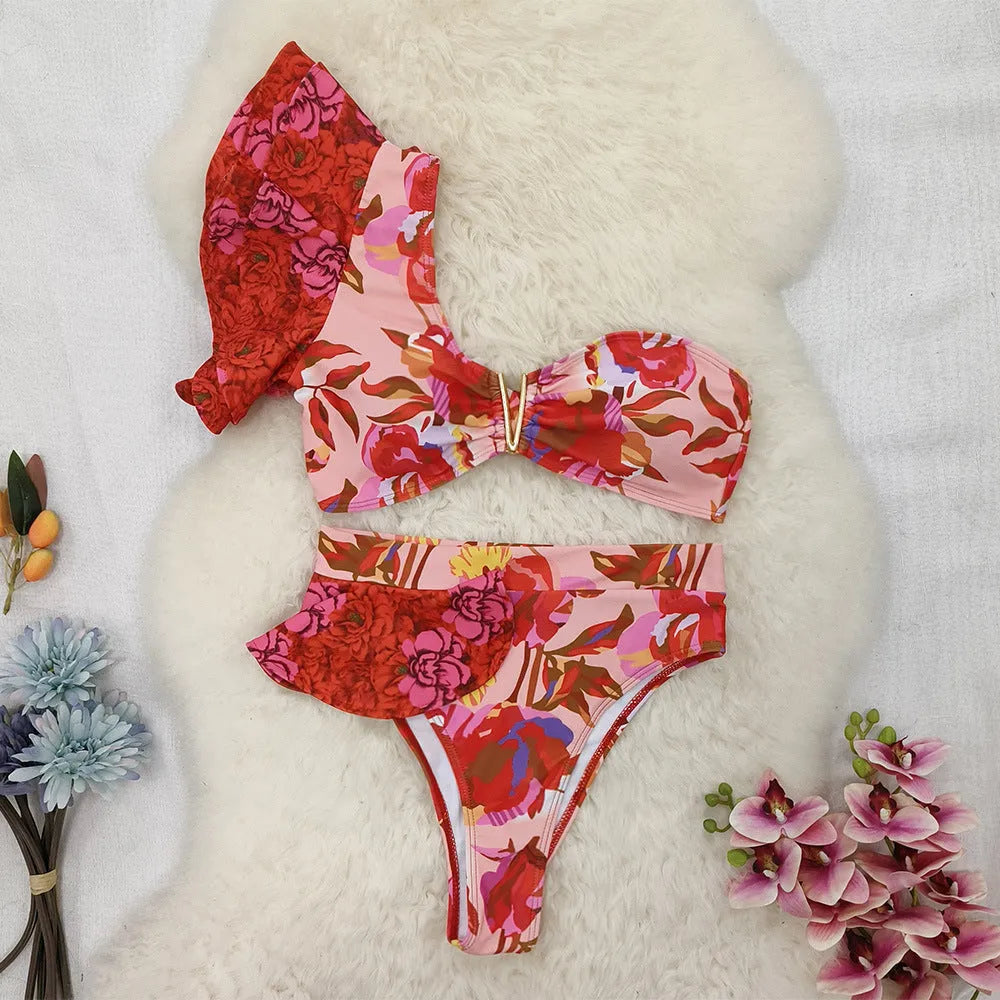 Pink and red floral print one-shoulder ruffled swimsuit top with matching high-waist bikini briefs