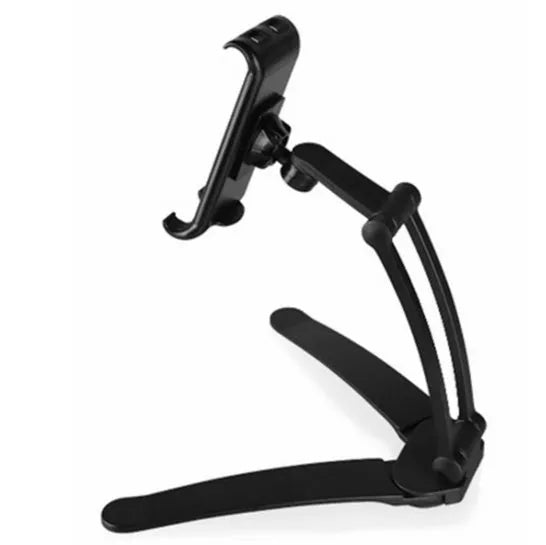 Silver aluminium alloy adjustable desktop stand holding a tablet, showing 360-degree rotation and mounting hardware.