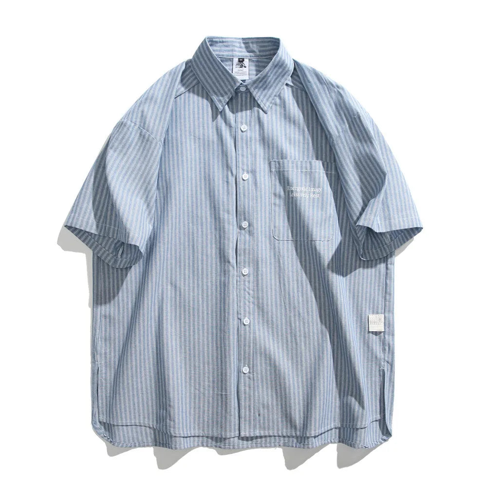 Blue striped overalls short-sleeved shirt in loose cardigan style made from cotton blend fabric