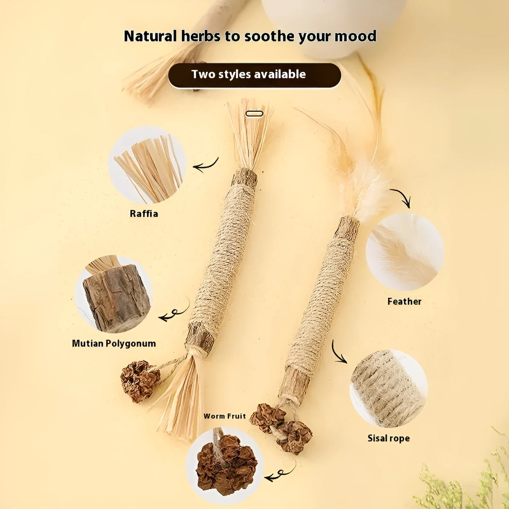 Natural wood cat teething chew rod with Lafite grass and catnip, 2.2cm diameter, shown with raffia scarecrow style