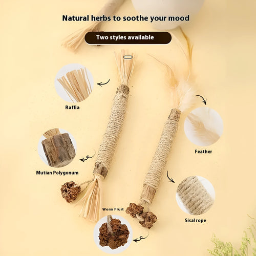 Natural wood cat teething chew rod with Lafite grass and catnip, 2.2cm diameter, shown with raffia scarecrow style