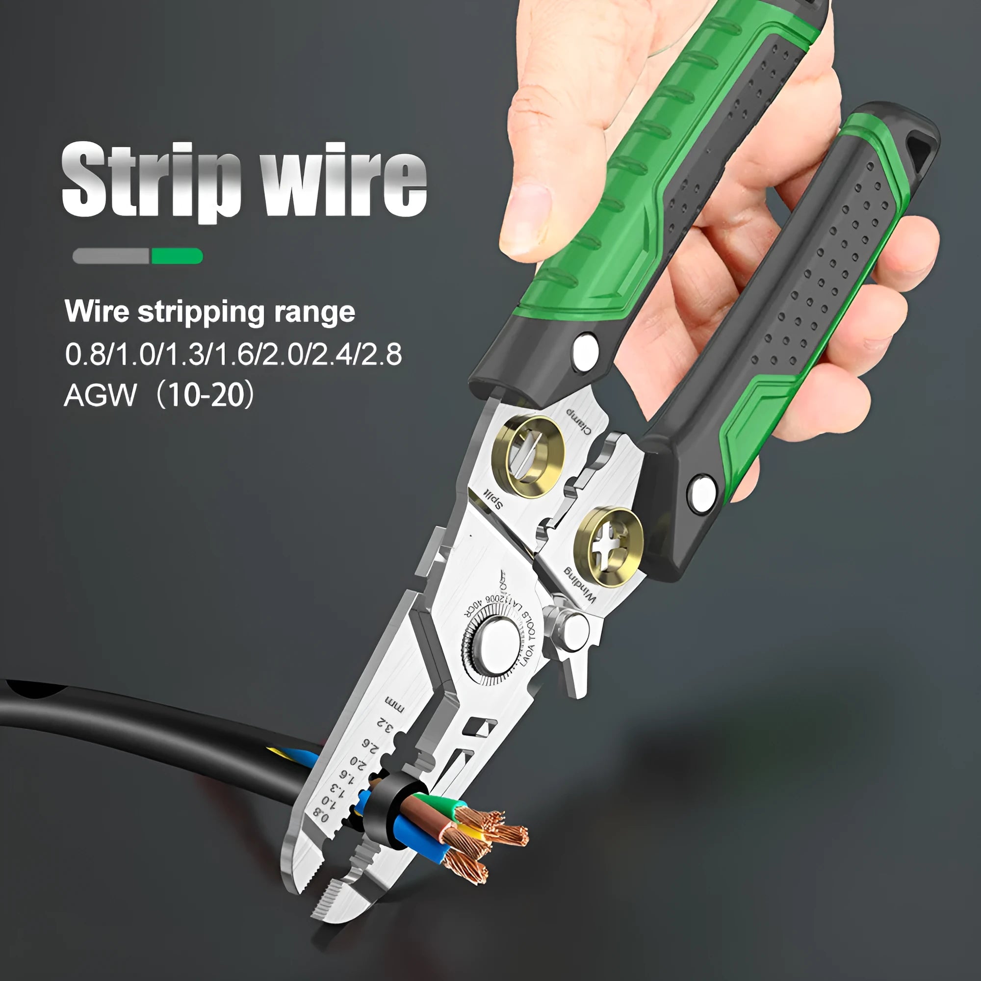 Stainless steel 7-in-1 wire stripper tool with two-colour ABS handle for electrical and mechanical work.