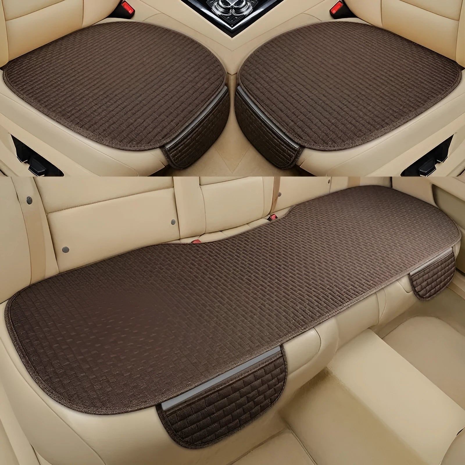 Linen car seat cushion in charm coffee colour showing hemmed edge detail