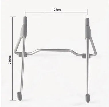 Grey aluminium alloy and plastic adjustable stand holding a mobile phone and a laptop.
