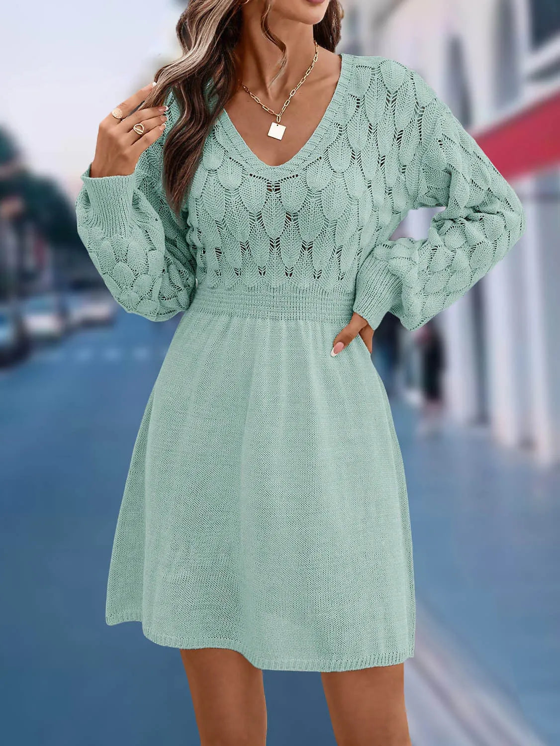 Women's V-neck artistic retro dress with high waist and 3D pattern in acrylic fibre