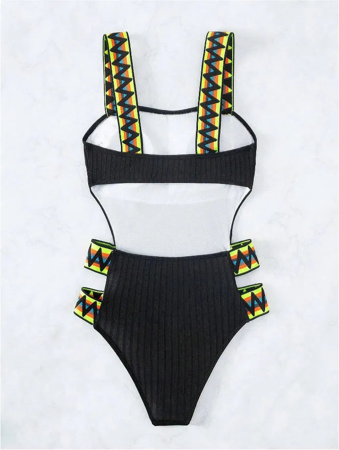 Women's solid colour one-piece polyester swimsuit shown in black and orange options