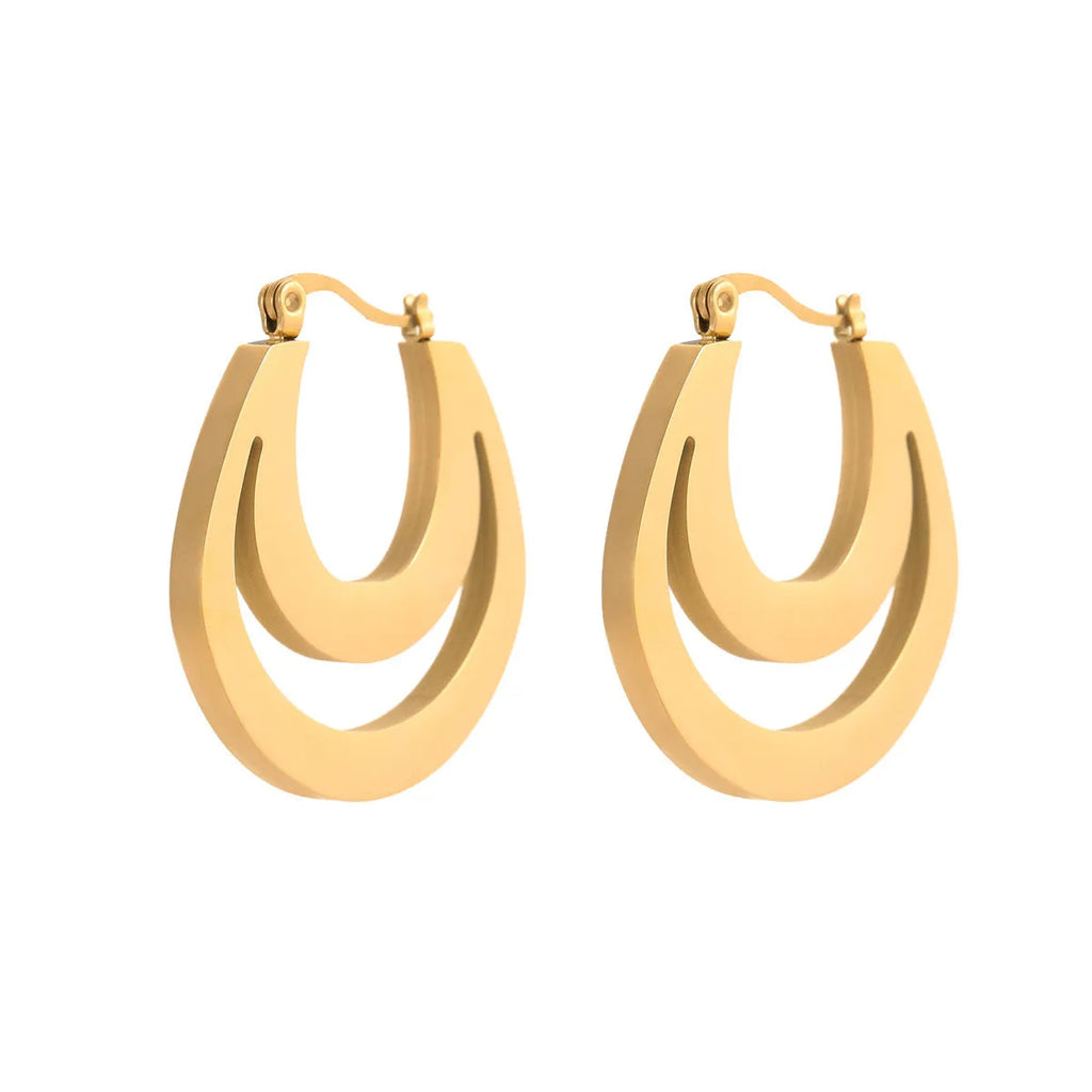 Geometric French earrings with round ring elements in 18K gold plated stainless steel, gold and steel colour options
