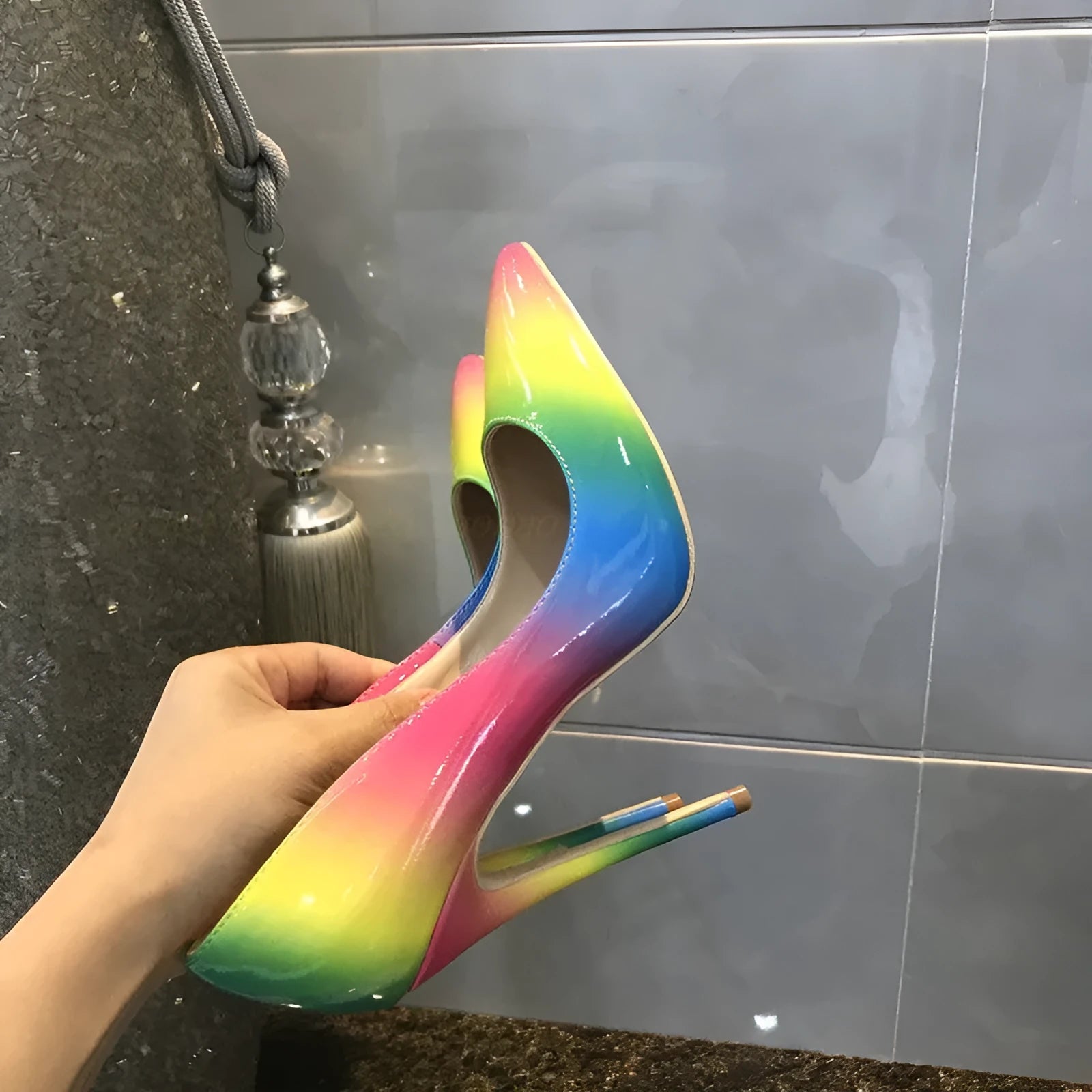 Rainbow patent leather ultra-high heels with pointed toe in thin heel construction