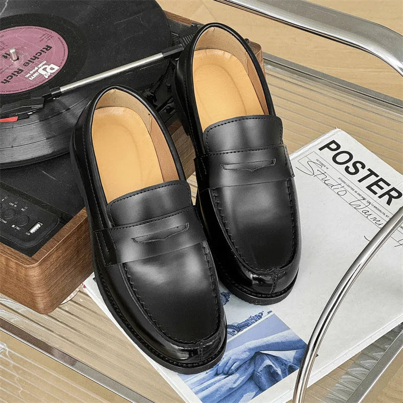 Men's classic black slip-on derby leather shoes with microfiber upper and rubber sole