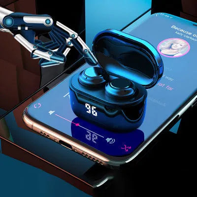 Black stereo Bluetooth earbuds with wireless charging case