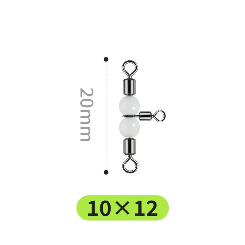 Copper fishing lure accessories showing luminous swivel beads with T-type balance fork rings in multiple sizes