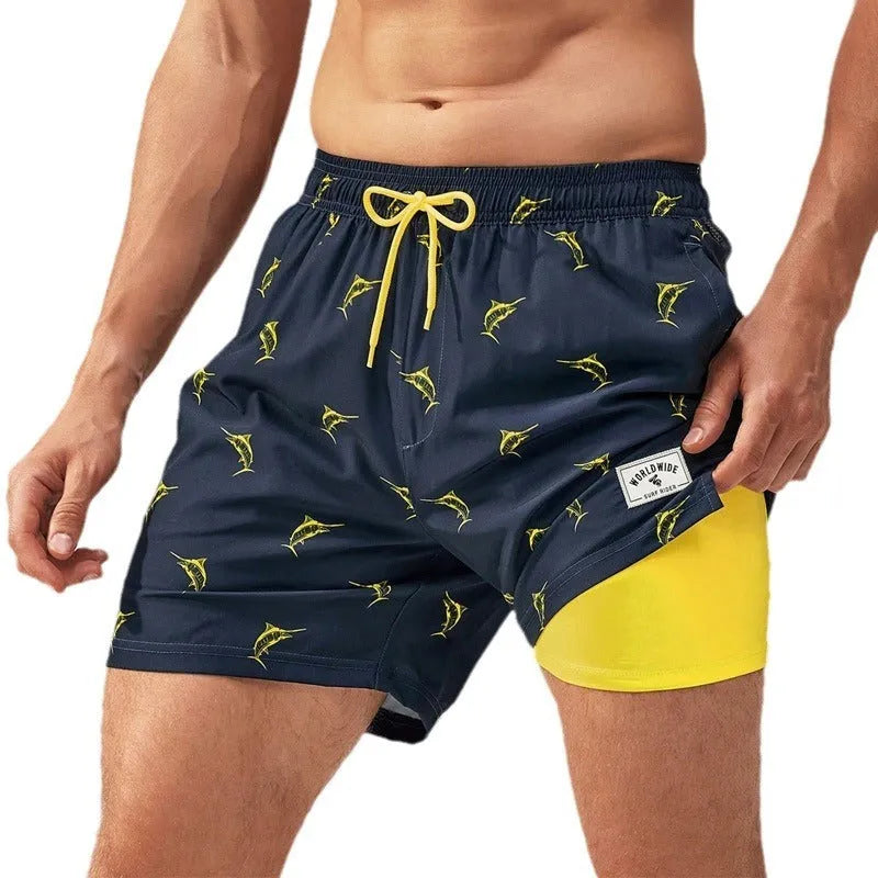 Men's loose floral pattern swimming trunks in quick-drying spandex fabric
