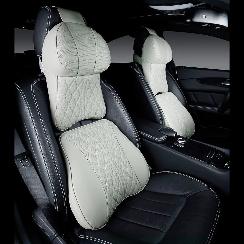 Car neck pillow and lumbar support set with wavy pattern leather embroidery in multiple colour options