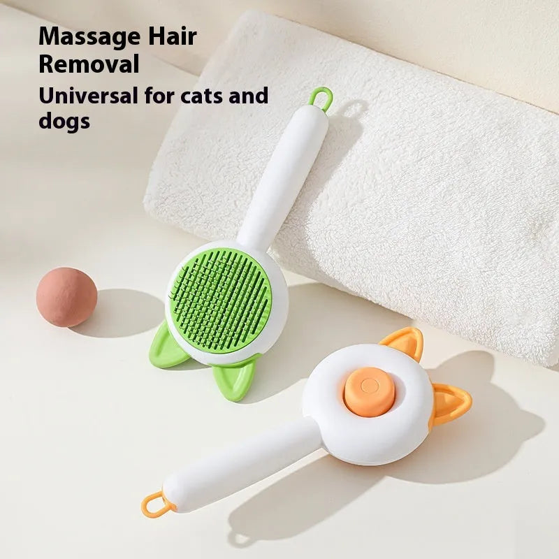 Self-cleaning pet grooming comb for cats in greenish white colour with stainless steel teeth