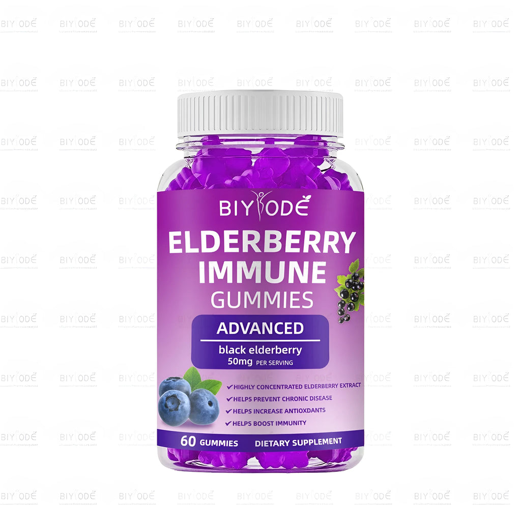 Bottle of 60 black elderberry gummies with zinc vitamin C and D for immune health