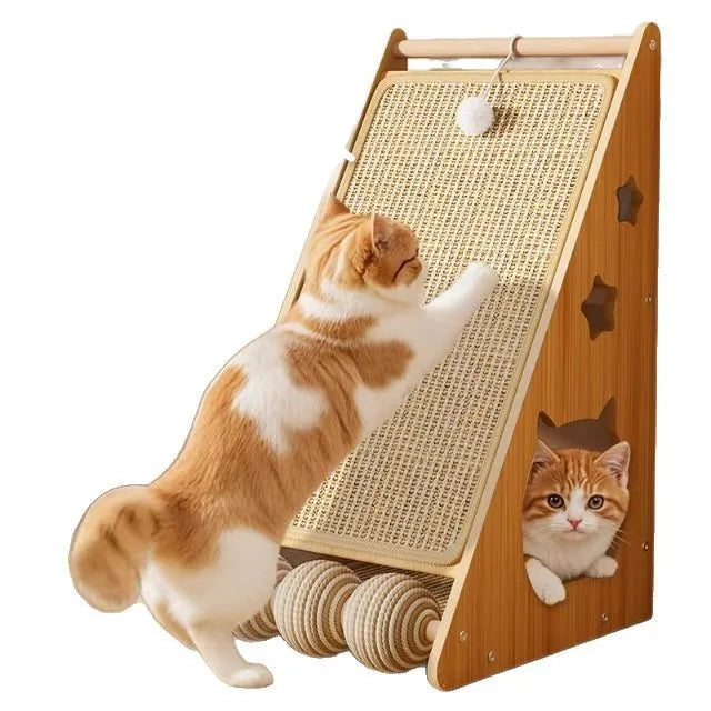 Vertical wall-mount cat scratch board with sisal fabric, hemp rope, and integrated teasing ball