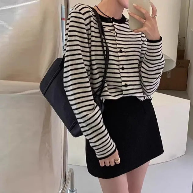 Dark grey and white striped women's slim-fit cardigan coat with long sleeves.