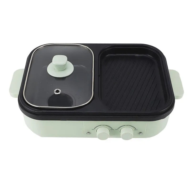White or green household electric hot pot with 1300W power rating for 2-3 person capacity