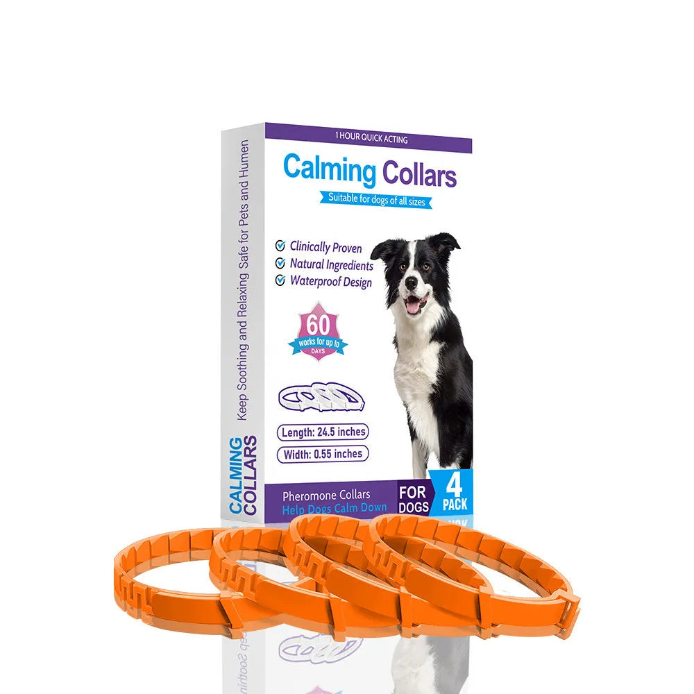 Four dog collars in assorted colours with Chinese style monochrome patterns, TPR material construction