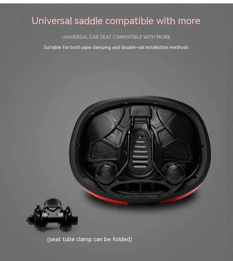 Large red thickened bicycle saddle with shock absorber and reflective sticker, dimensions 210x270mm.