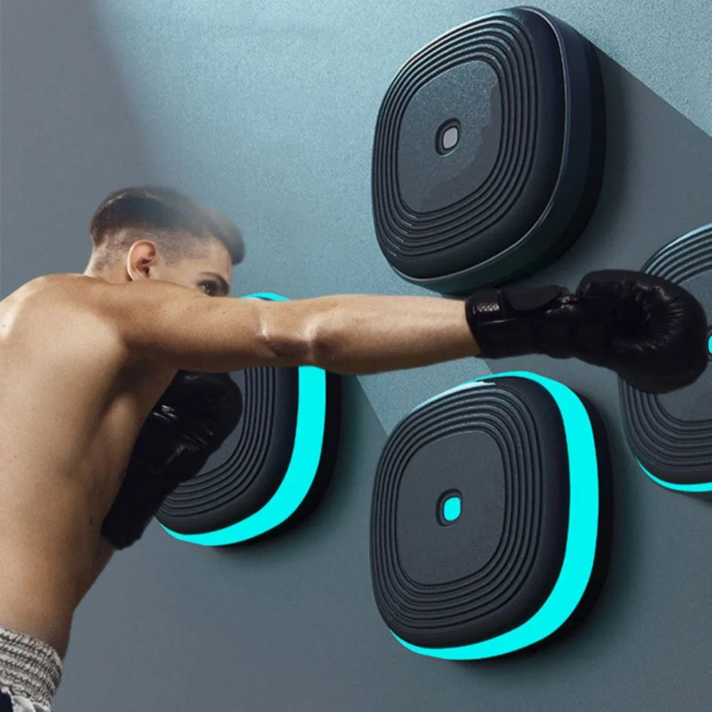 Home Smart Split Bluetooth Music Boxing Target with 6 black PU foam pads and PP panel hanging on a wall
