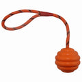 Multi-colour rubber pet ball with rope knots measuring 6x30cm for interactive chew and fetch play