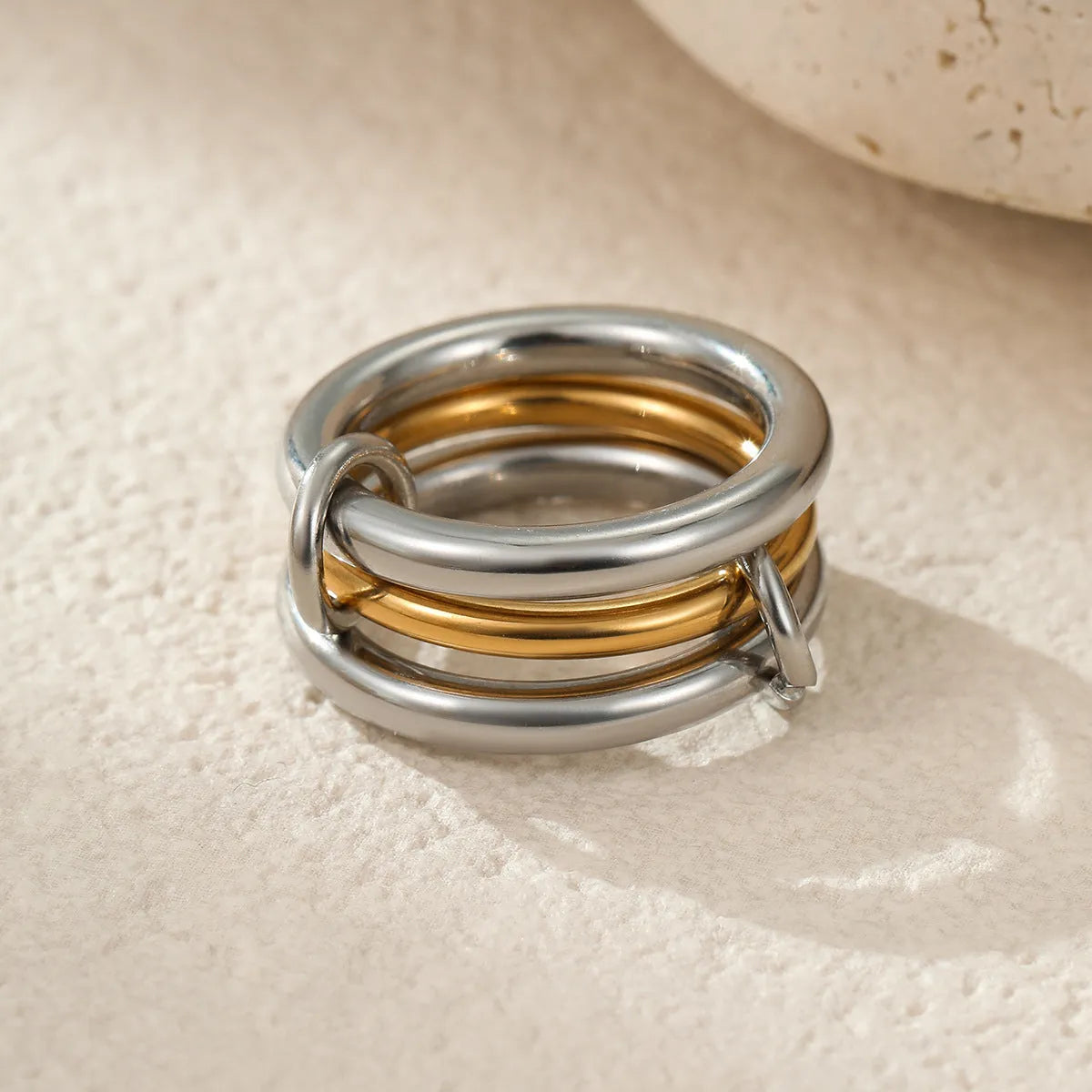 Stacked colour matching stainless steel ring set with 18K gold plating in free size