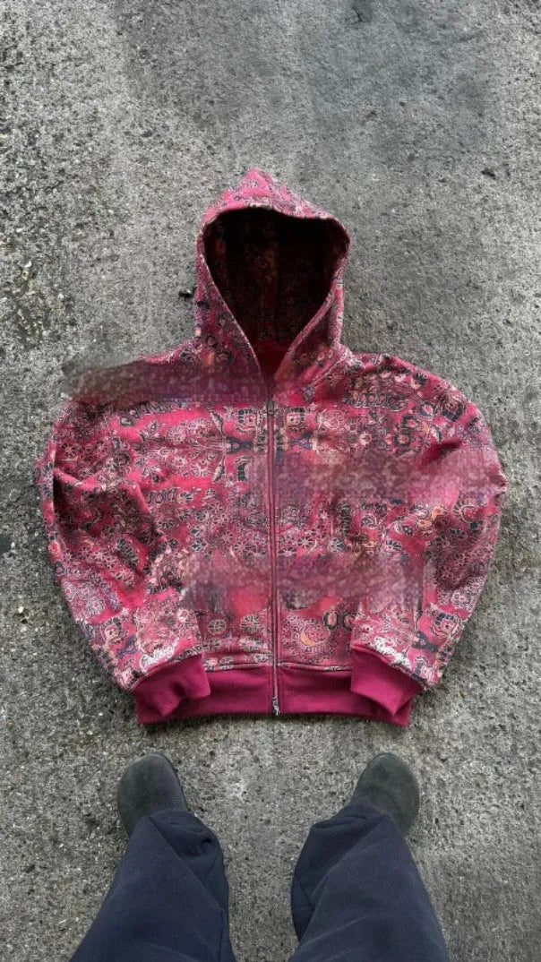 Men's blue hooded loose zip coat with digital printing shown with long sleeves and casual styling