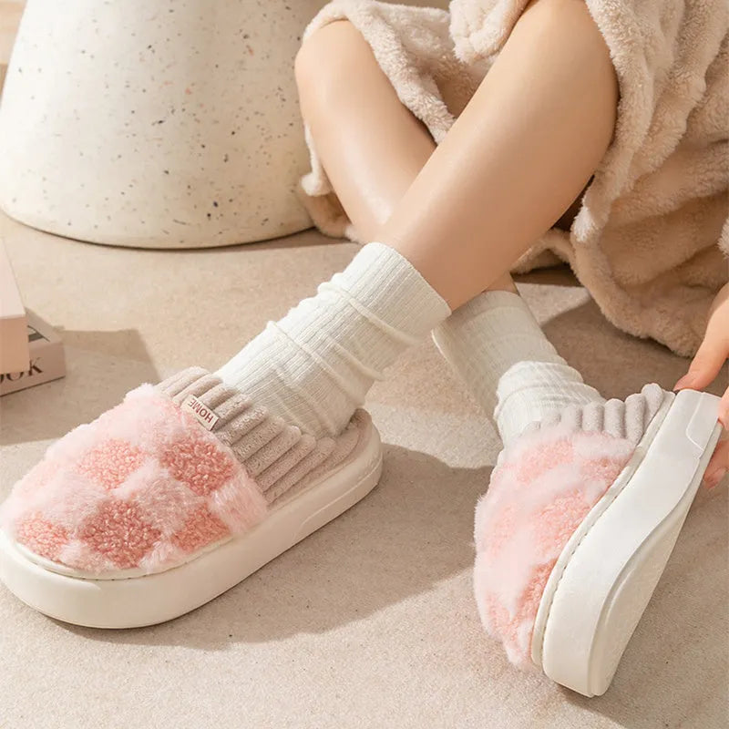 Women's plaid plush indoor slippers with anti-slip sole in multiple colour options