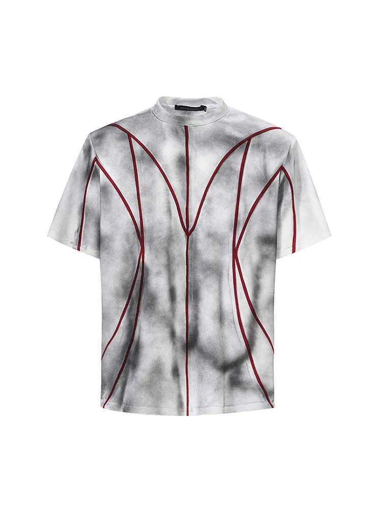 Women's padded shoulder short sleeve T-shirt with three-dimensional line patchwork and round neck collar