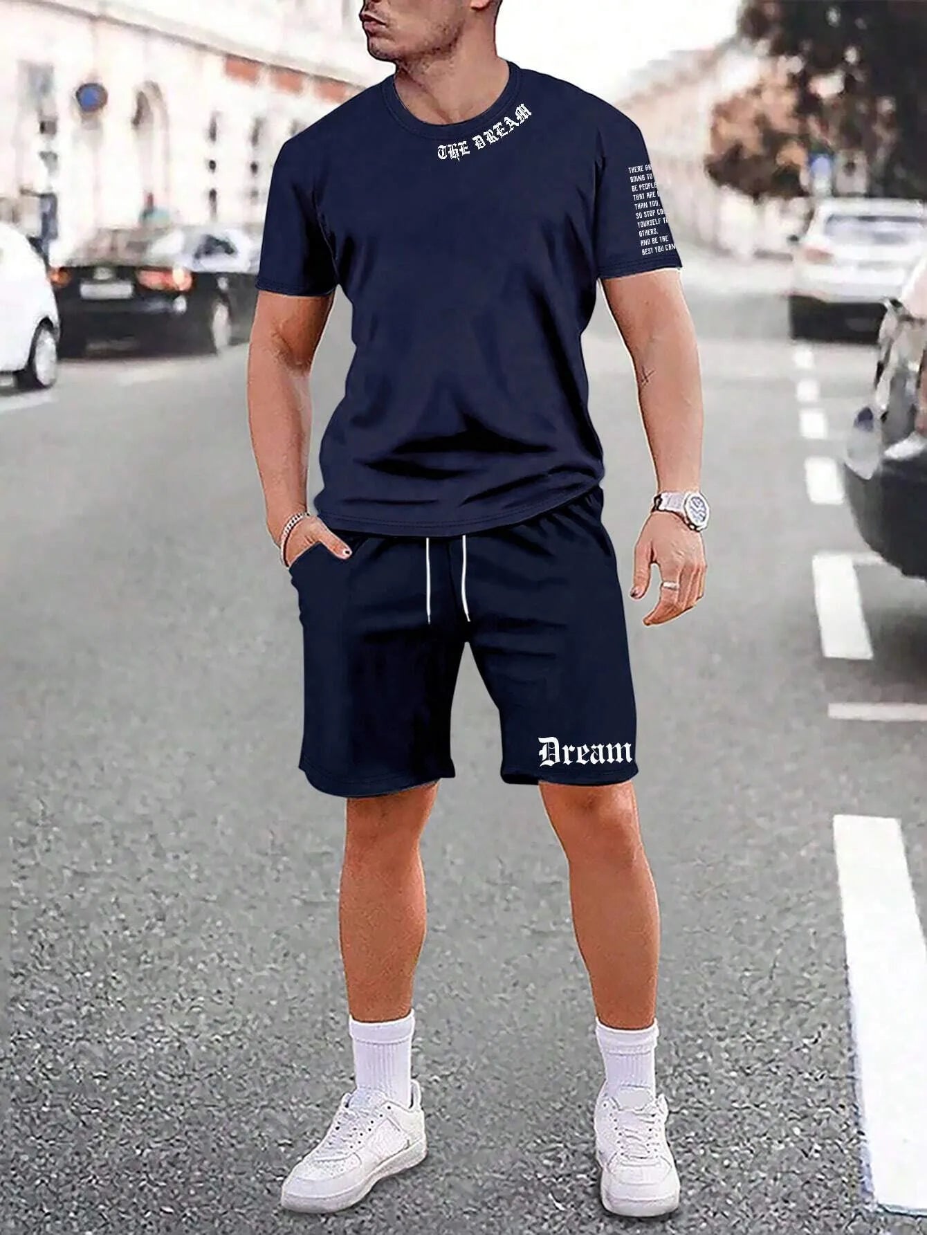 Sports style short-sleeved shorts set with printing pattern in polyester blend fabric