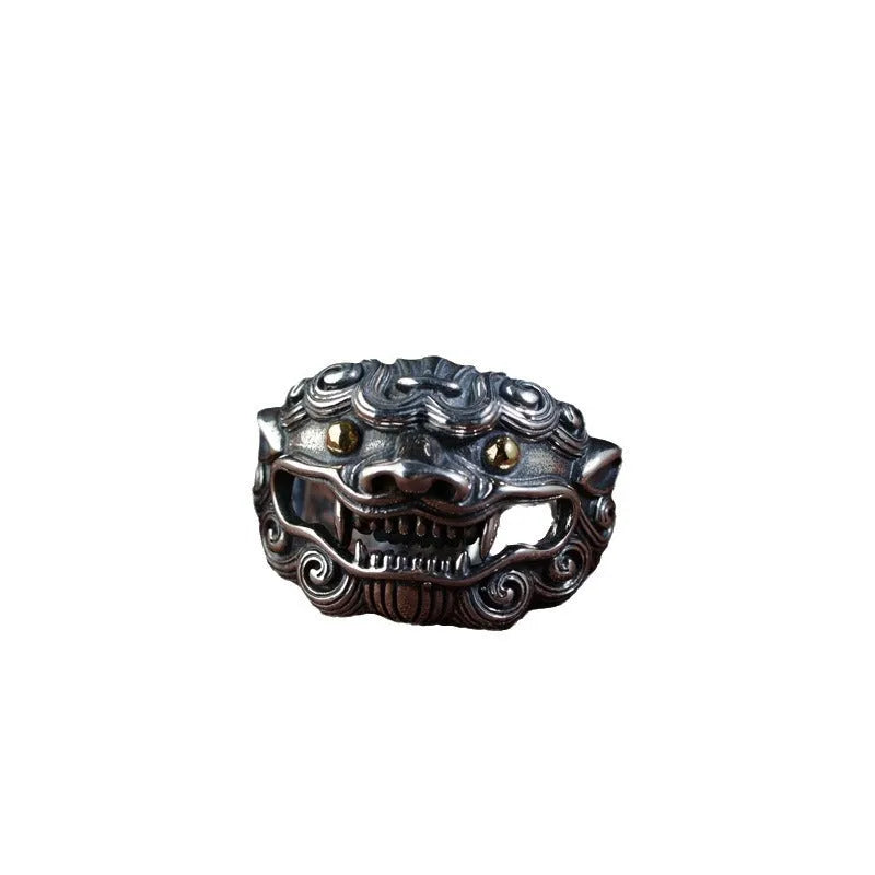 Silver open ring with Jibeast animal pattern and Zodiac design elements