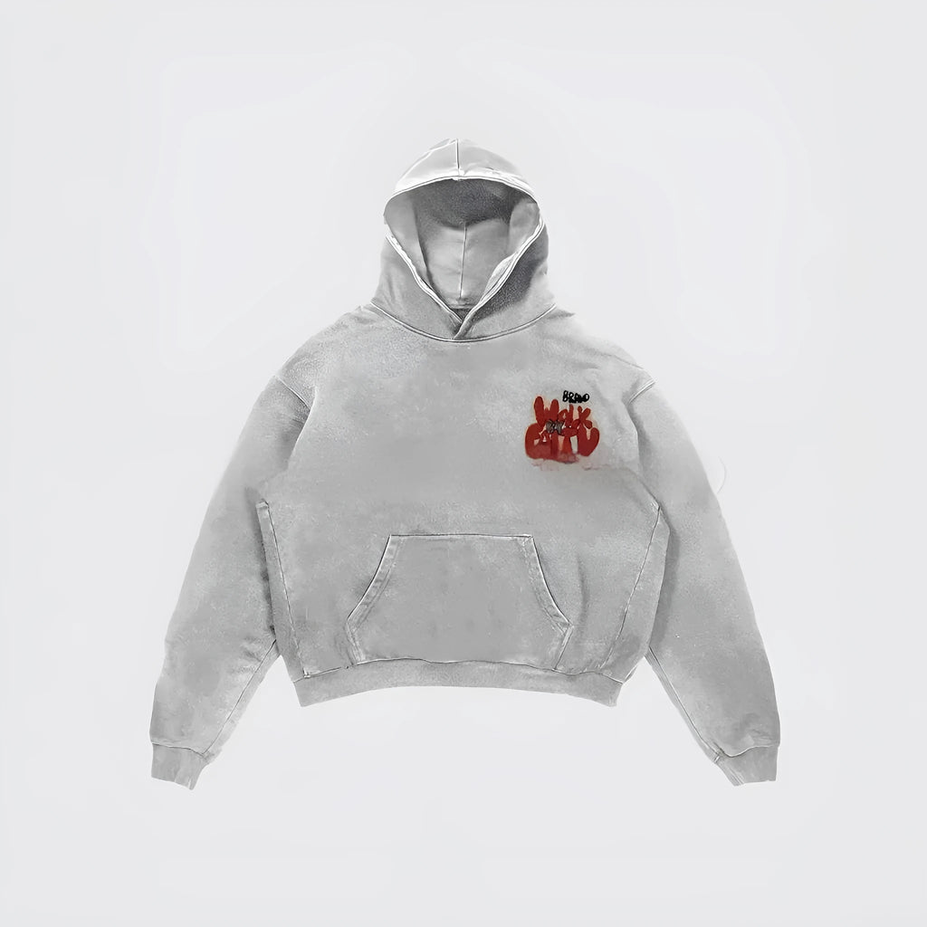 Women's granny grey hoodie with vintage letter print design and harajuku street style