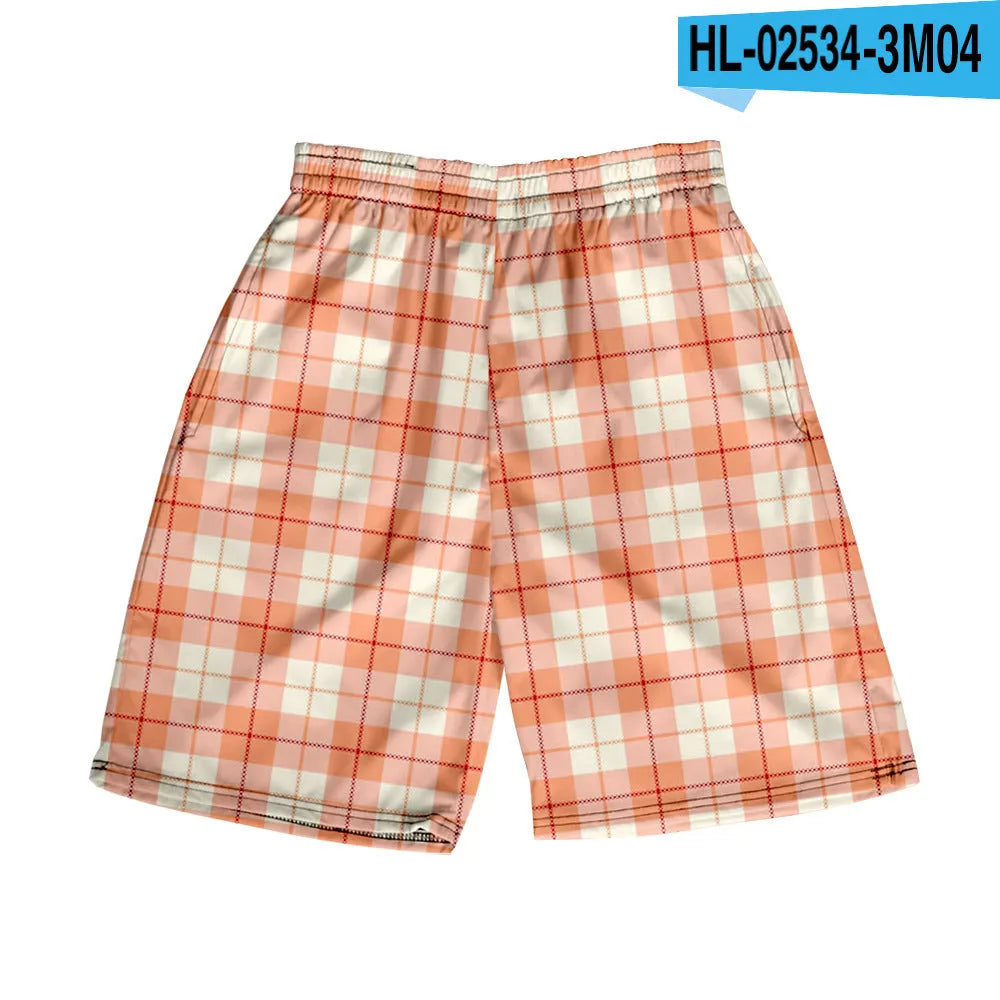 Man wearing plaid patterned polyester shorts with an elastic waistband, showcasing one of the twenty available colour options.