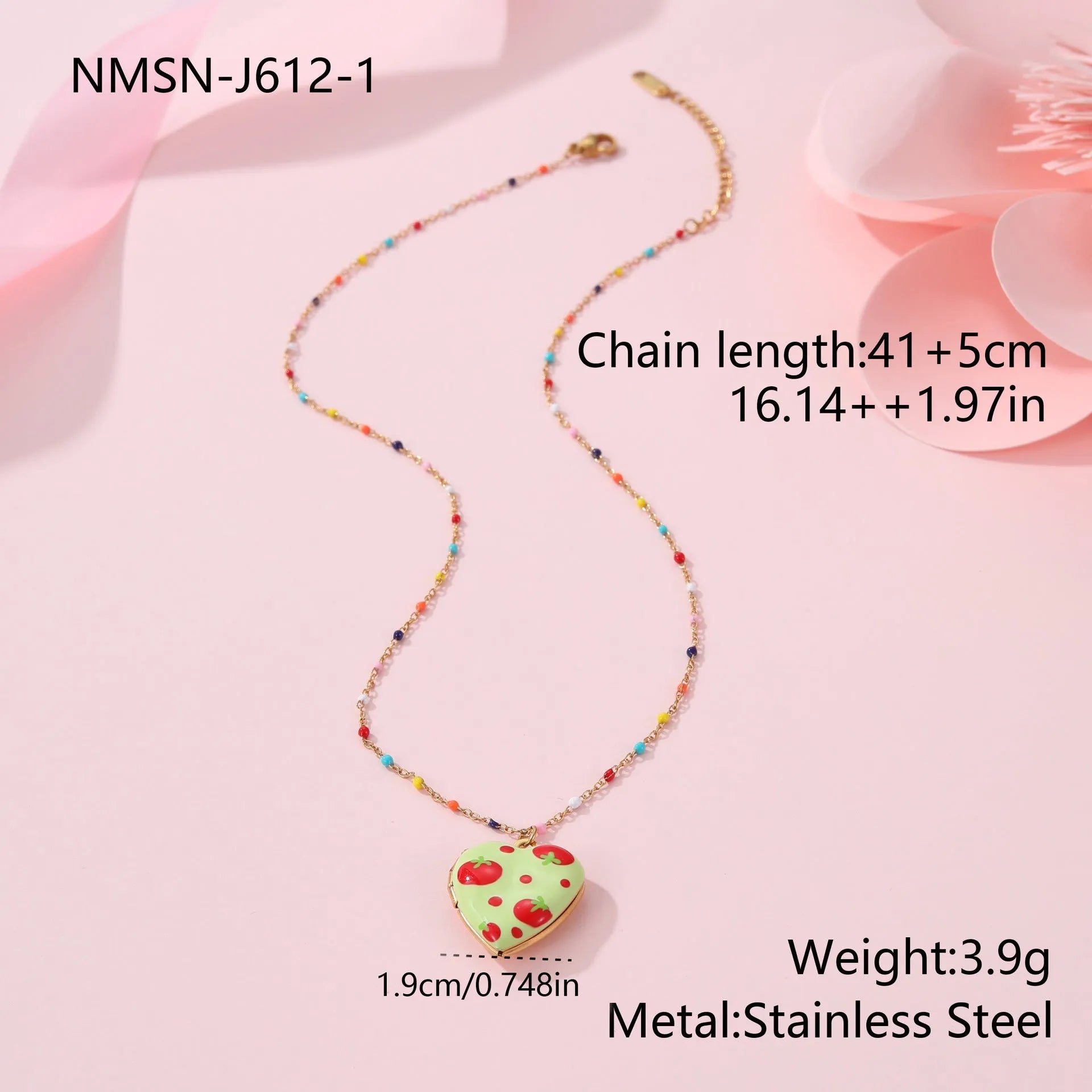 Women's stainless steel necklace with 18K gold plating showing heart pendant with fruit designs