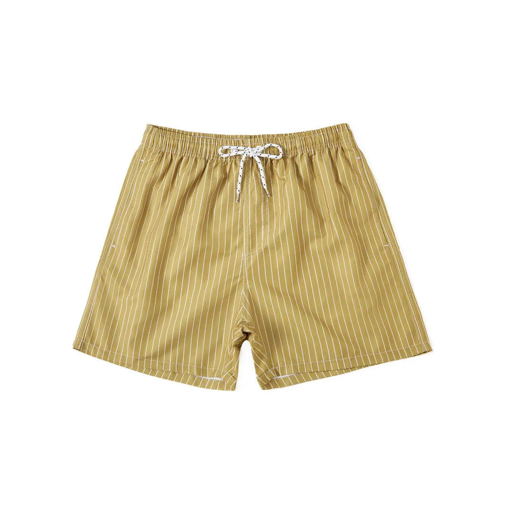 Striped men's beach shorts in navy blue with straight leg opening and polyester fabric