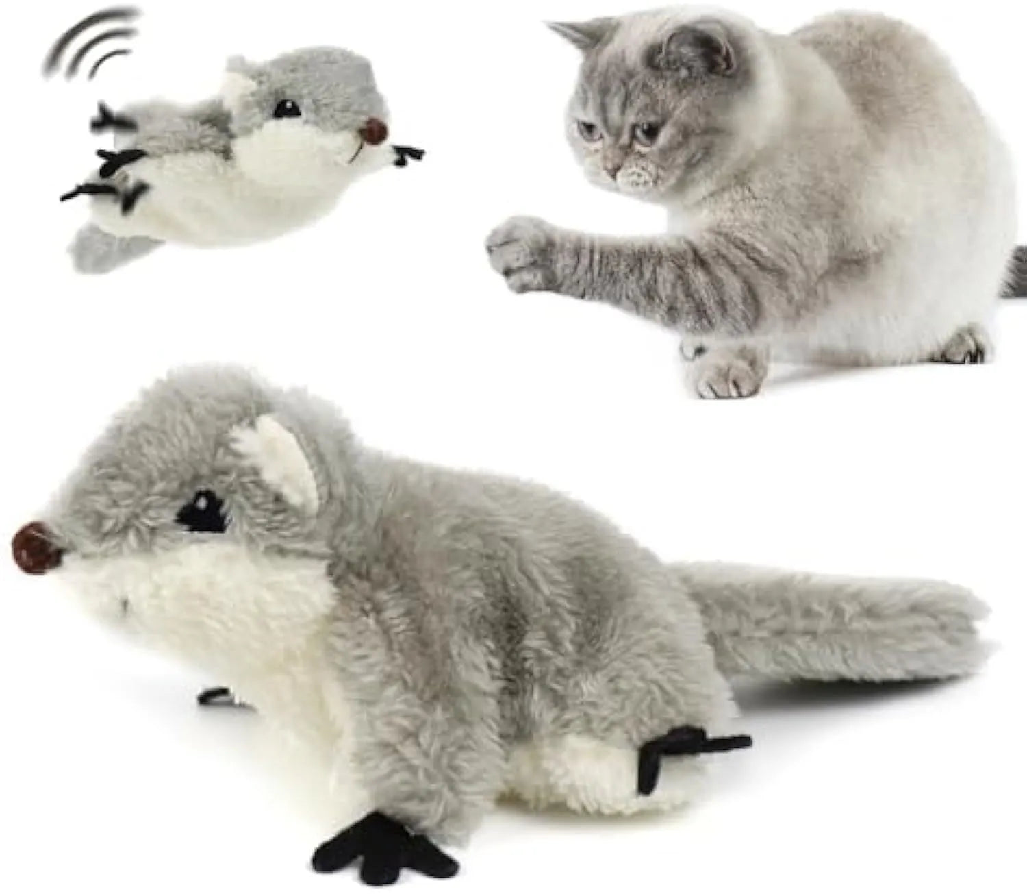 Grey plush flapping squirrel cat toy with open wings and touch-activated motion sensor for interactive kitten play